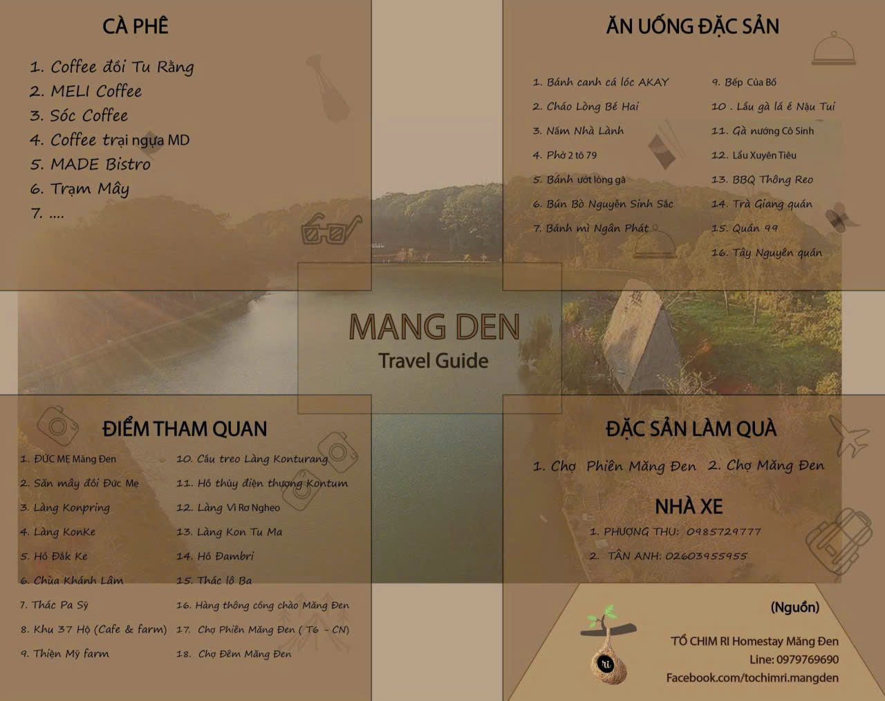 Danh sách cà phê, ăn uống đặc sản, điểm tham quan, đặc sản làm quà và nhà xe tại Măng Đen